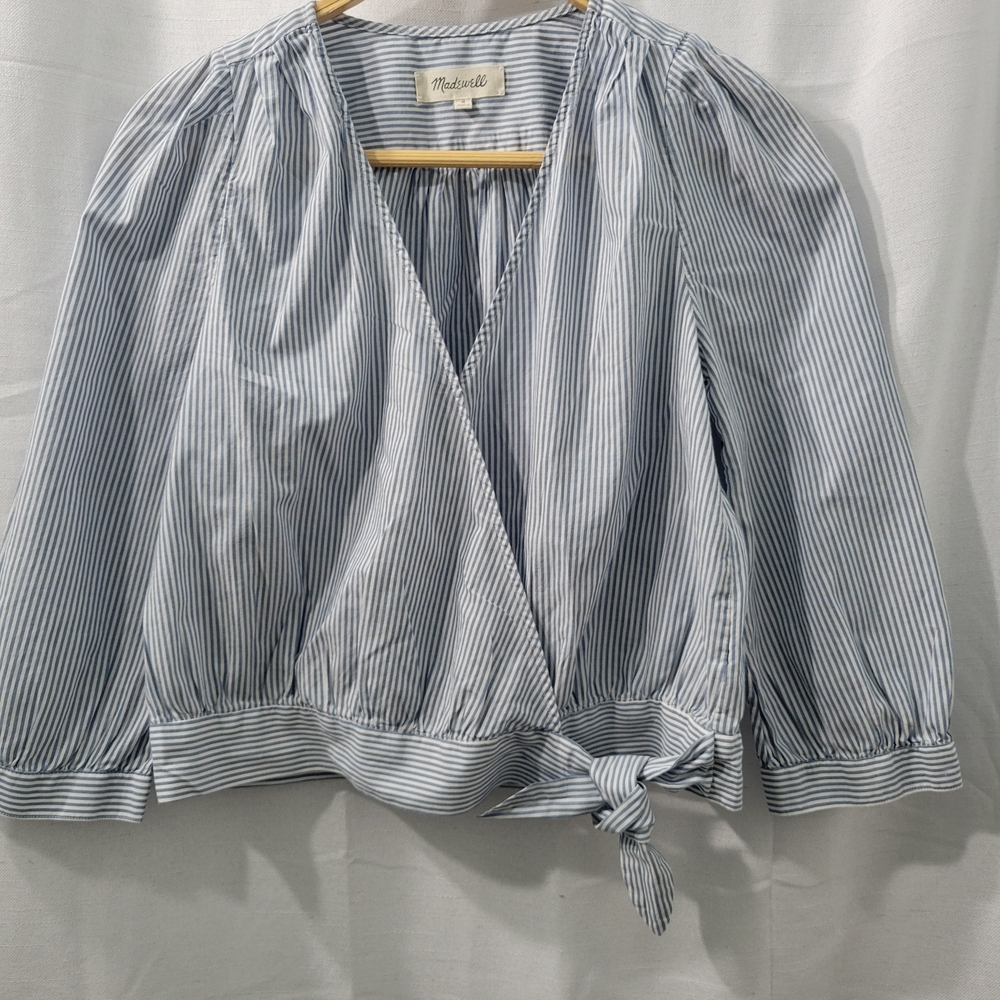 (SEA) Madewell Light Blue and White Striped Wrap Blouse - Picture 3 of 13